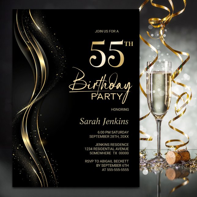 Invitación Elegante fiesta de cumpleaños 55 en negro y oro (Subido por el creador)