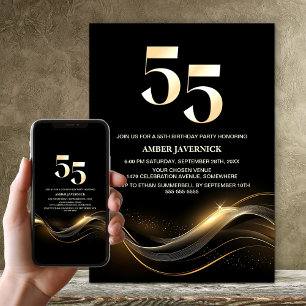 Invitación Elegante fiesta de cumpleaños 55 en negro y oro