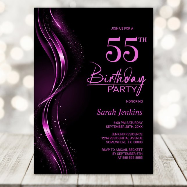 Invitación Elegante fiesta de cumpleaños 55 en negro y rosa (Subido por el creador)