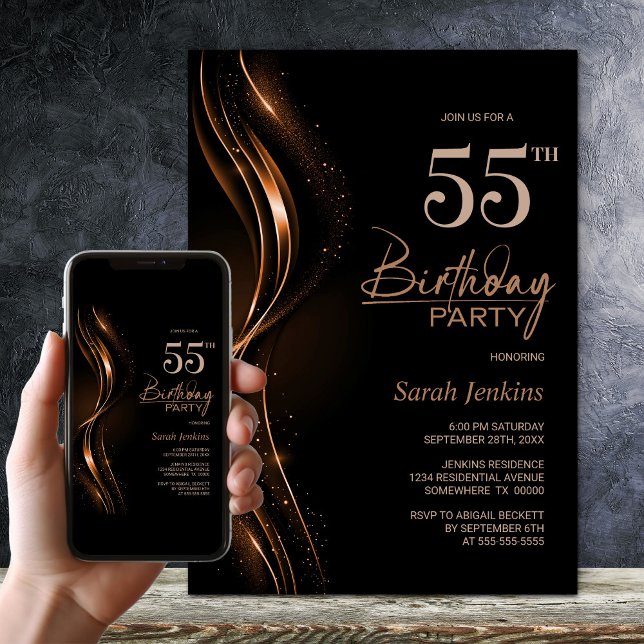 Invitación Elegante fiesta de cumpleaños 55 negro y Naranja (Subido por el creador)