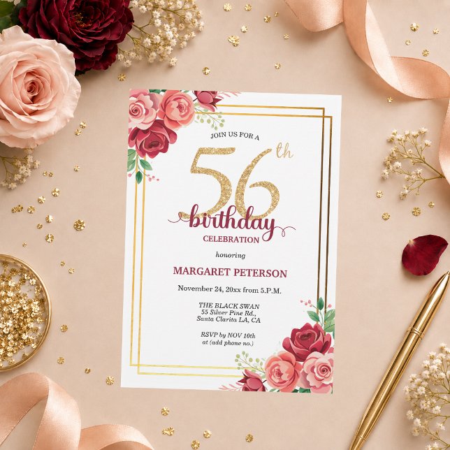 Invitación Elegante Fiesta de Cumpleaños 56 con Rubor Dorado  (Subido por el creador)