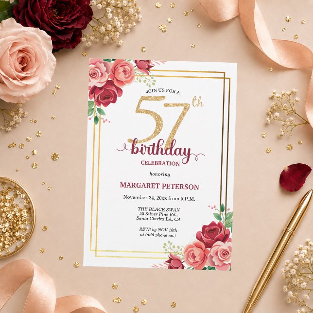 Invitación Elegante Fiesta de Cumpleaños 57 con Rubor Dorado  (Subido por el creador)