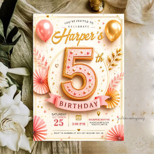 Invitación Elegante Fiesta de Cumpleaños 5 años en Rosa y Dor