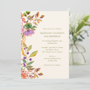 Invitación Elegante Fiesta de Cumpleaños 60 con Acuarela Flor