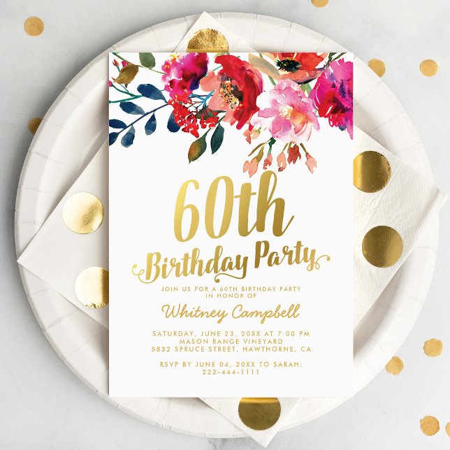 Invitación Elegante fiesta de cumpleaños 60 con flores en oro (Subido por el creador)