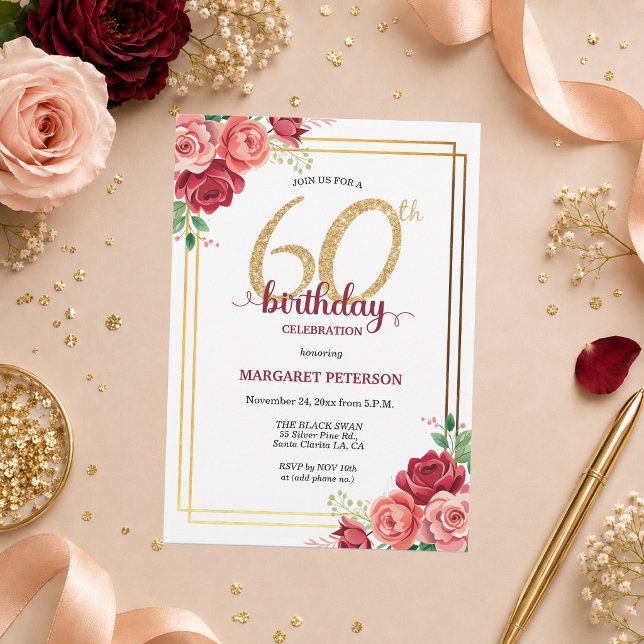 Invitación Elegante Fiesta de Cumpleaños 60 con Rubor Floral  (Subido por el creador)