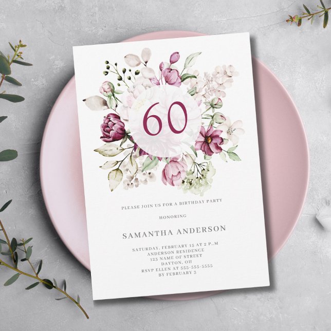 Invitación Elegante fiesta de cumpleaños 60 de Floral Rosa (Subido por el creador)