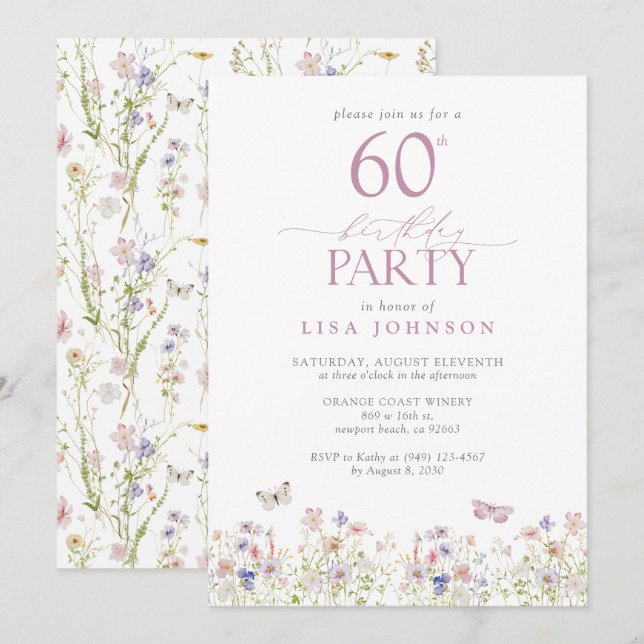 Invitación Elegante fiesta de cumpleaños 60 de Wildflower Rub (Anverso / Reverso)
