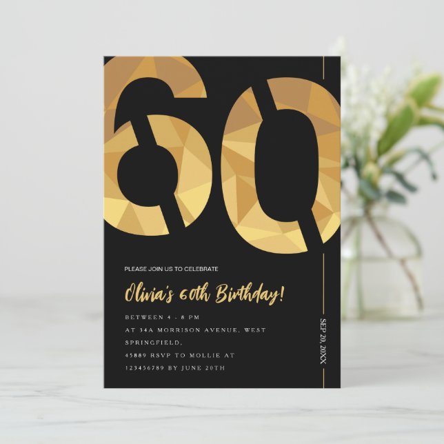 Invitación Elegante fiesta de cumpleaños 60 en negro y oro (Anverso de pie)