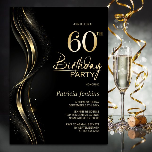 Invitación Elegante fiesta de cumpleaños 60 en negro y oro (Subido por el creador)