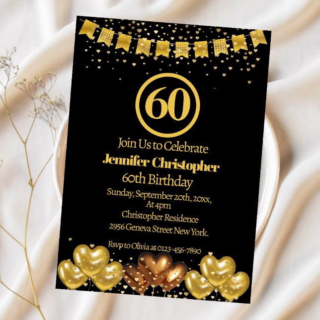 Invitación Elegante fiesta de cumpleaños 60 en negro y oro (Subido por el creador)