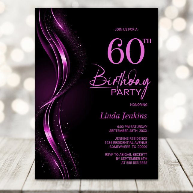 Invitación Elegante fiesta de cumpleaños 60 en negro y rosa (Subido por el creador)