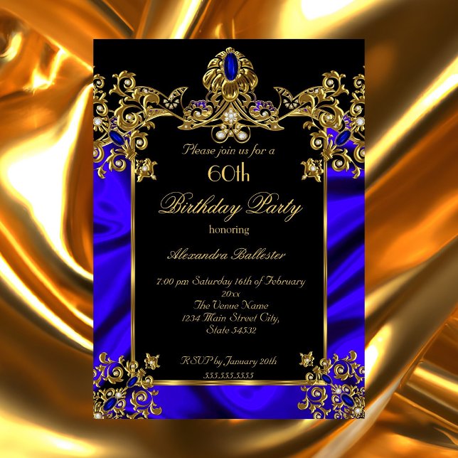 Invitación Elegante fiesta de cumpleaños 60 seda rubí azul do (Subido por el creador)