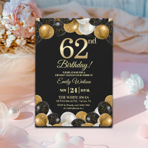 Invitación Elegante fiesta de cumpleaños 62 con brillo de oro