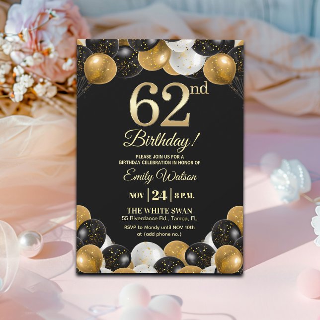 Invitación Elegante fiesta de cumpleaños 62 con brillo de oro (Subido por el creador)