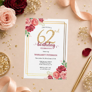 Invitación Elegante Fiesta de Cumpleaños 62 con Rubor Floral