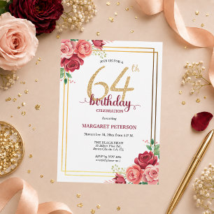 Invitación Elegante Fiesta de Cumpleaños 64 con Rubor Floral