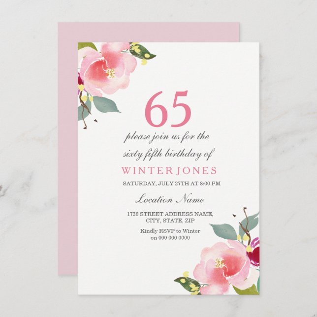 Invitación Elegante fiesta de cumpleaños 65ª floral rosa (Anverso / Reverso)