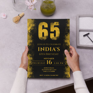 Invitación Elegante fiesta de cumpleaños 65º en negro y oro