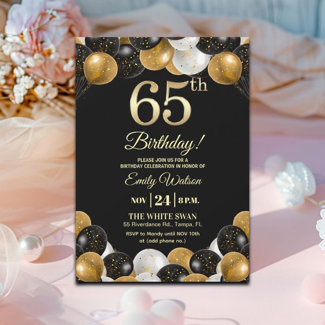 Invitación Elegante fiesta de cumpleaños 65 con brillo de oro (Subido por el creador)