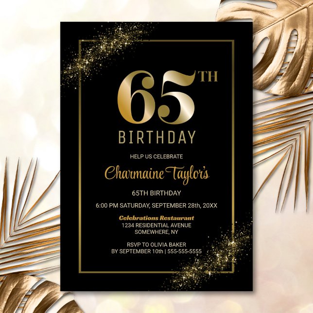 Invitación Elegante fiesta de cumpleaños 65 de oro negro (Subido por el creador)