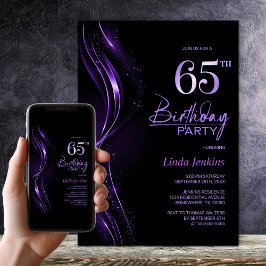 Invitación Elegante fiesta de cumpleaños 65 en negro y morado