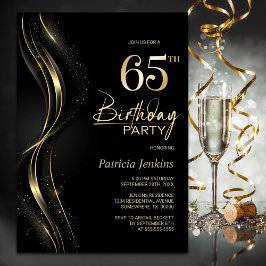 Invitación Elegante fiesta de cumpleaños 65 en negro y oro
