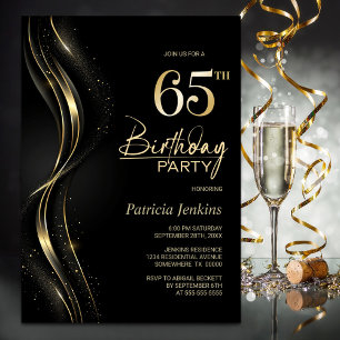 Invitación Elegante fiesta de cumpleaños 65 en negro y oro