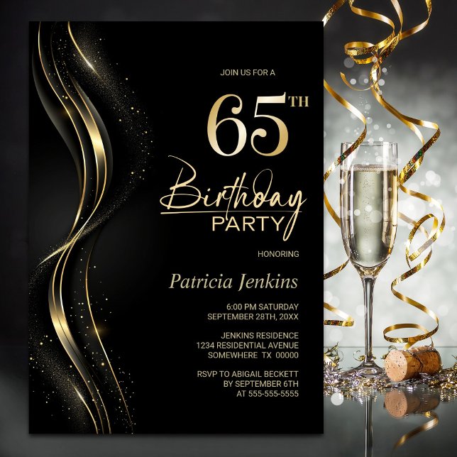 Invitación Elegante fiesta de cumpleaños 65 en negro y oro (Subido por el creador)