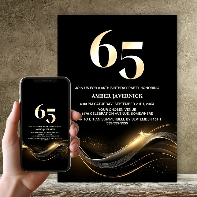 Invitación Elegante fiesta de cumpleaños 65 en negro y oro (Subido por el creador)