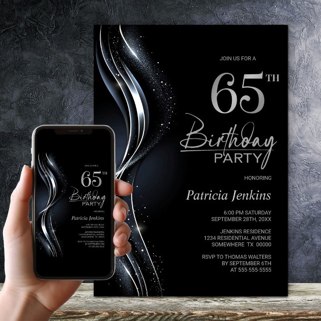 Invitación Elegante fiesta de cumpleaños 65 en negro y platea (Subido por el creador)