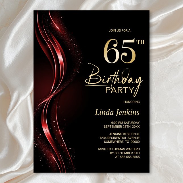 Invitación Elegante fiesta de cumpleaños 65 en negro y rojo (Subido por el creador)