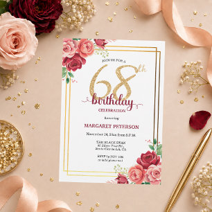 Invitación Elegante Fiesta de Cumpleaños 68 Floral Dorado