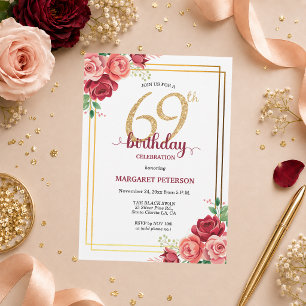 Invitación Elegante Fiesta de Cumpleaños 69 Floral Dorado