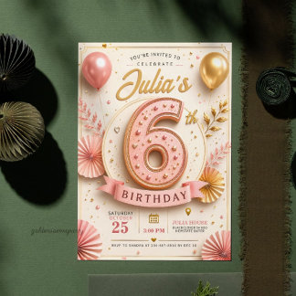 Invitación Elegante Fiesta de Cumpleaños 6 en Rosa y Dorado