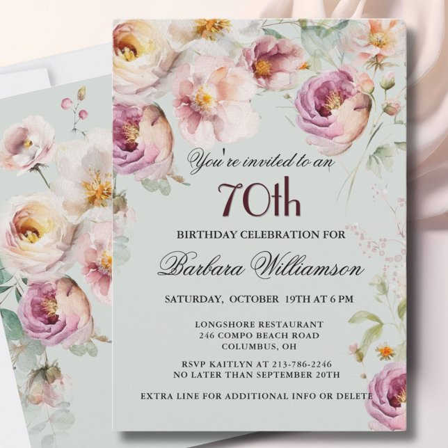 Invitación Elegante fiesta de cumpleaños 70 con flores pintad (Subido por el creador)