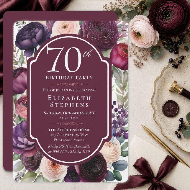 Invitación Elegante Fiesta de Cumpleaños 70 con Ranunculus Fl (Rich wine and plum ranunculus create an elegant floral 70th birthday celebration.)