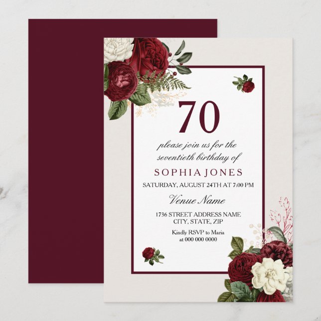 Invitación Elegante fiesta de cumpleaños 70 de Borgoña Floral (Anverso / Reverso)