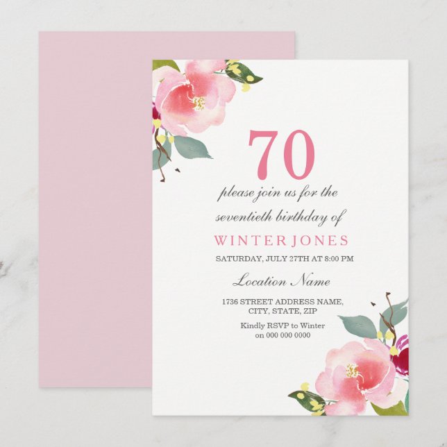 Invitación Elegante fiesta de cumpleaños 70 de Floral Rosa (Anverso / Reverso)