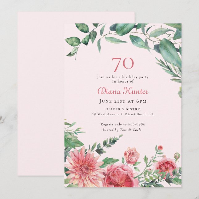 Invitación Elegante fiesta de cumpleaños 70 de Floral Rosa (Anverso / Reverso)