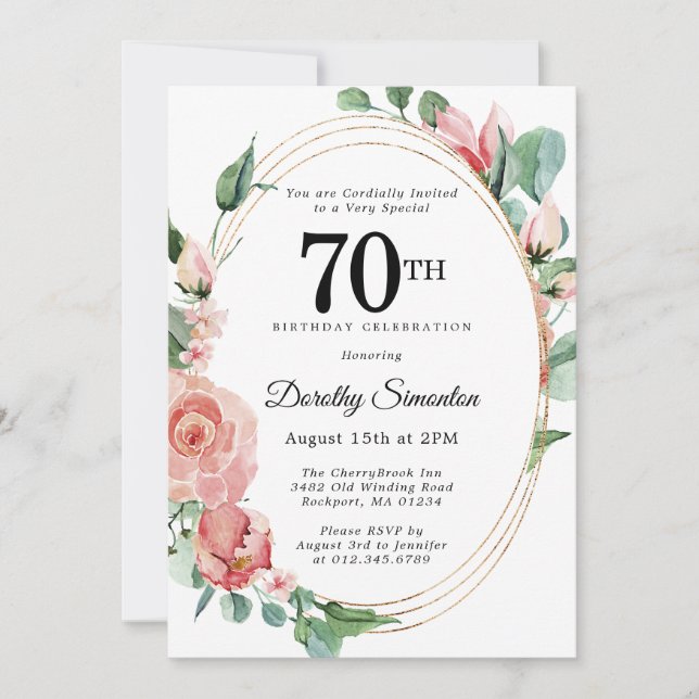 Invitación Elegante fiesta de cumpleaños 70 de Floral Rosa (Anverso)