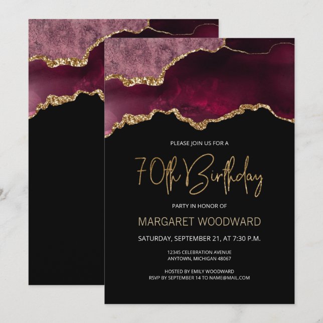 Invitación Elegante fiesta de cumpleaños 70 de la Agate Borgo (Anverso / Reverso)