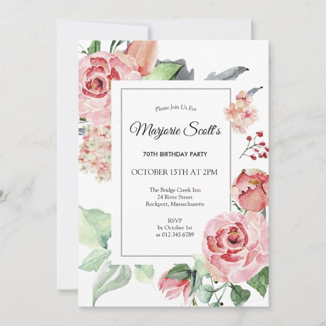 Invitación Elegante fiesta de cumpleaños 70 de la floral rosa (Anverso)