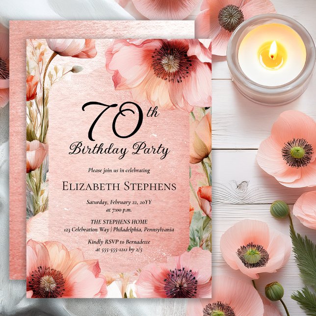 Invitación Elegante fiesta de cumpleaños 70 de los Poppies Ro (Elegant Pink Poppies Floral 70th Birthday Party Invitation - Print | Digital Download)