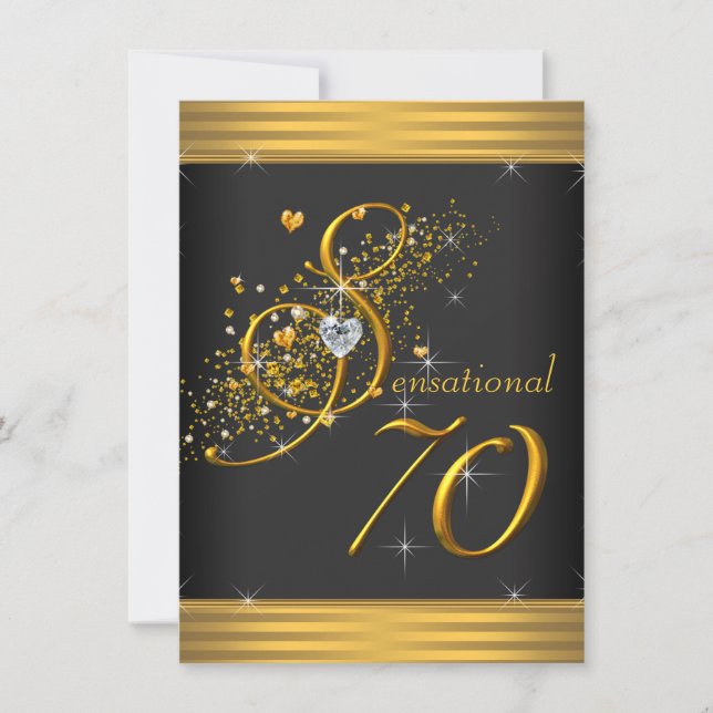 Invitación Elegante fiesta de cumpleaños 70 de negro y oro (Anverso)