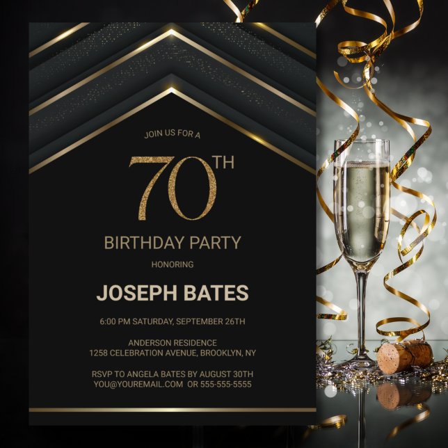 Invitación Elegante fiesta de cumpleaños 70 de oro negro (Subido por el creador)