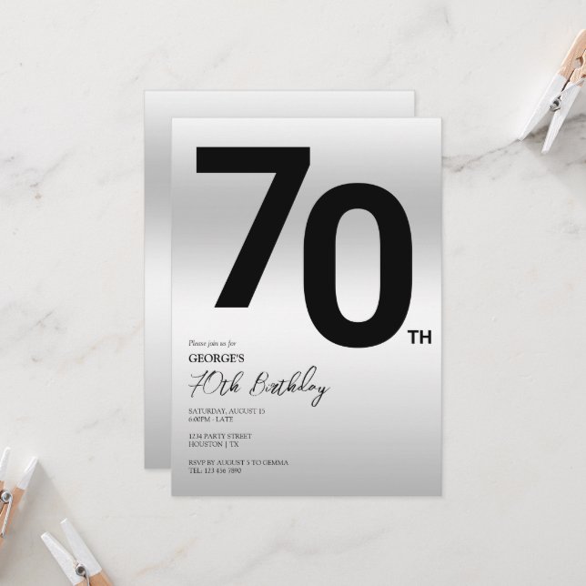 Invitación Elegante fiesta de cumpleaños 70 de plata (Anverso/Reverso In Situ)