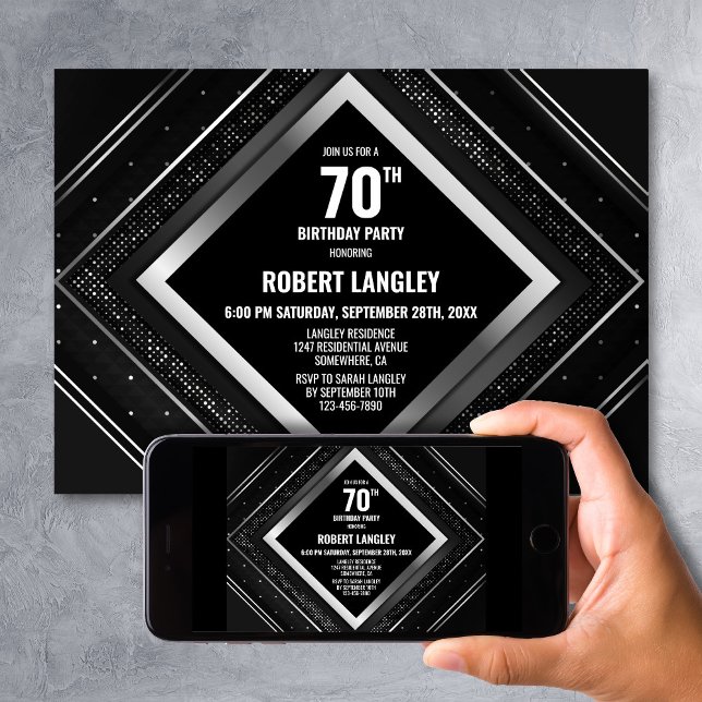Invitación Elegante fiesta de cumpleaños 70 de plata negra (Subido por el creador)
