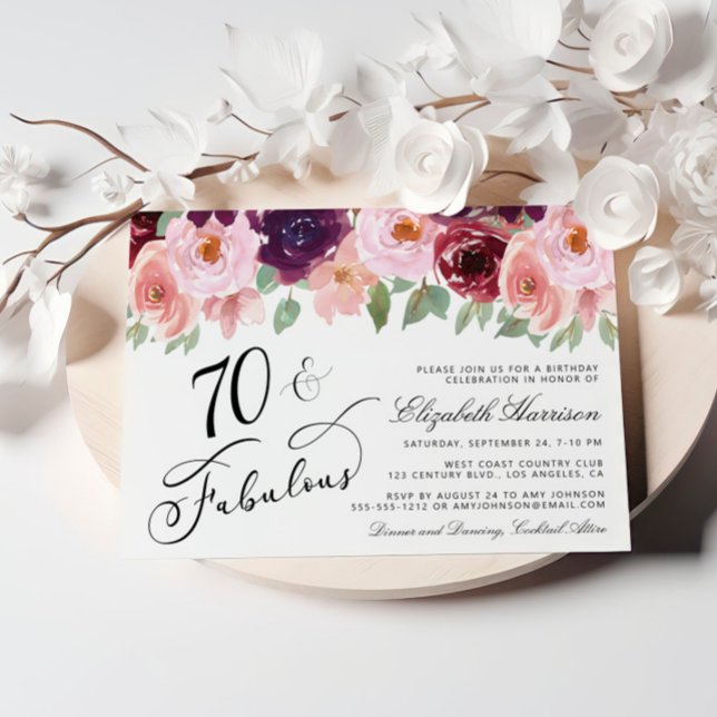 Invitación Elegante fiesta de cumpleaños 70 del Borgoña Rosa  (Subido por el creador)