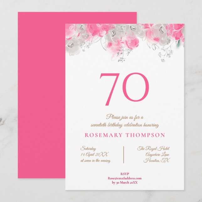 Invitación Elegante fiesta de cumpleaños 70 Delicados Florals (Anverso / Reverso)